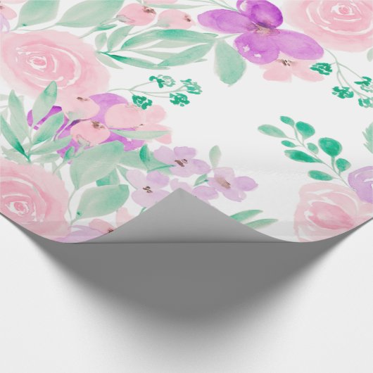 Modern girly roze paarse bloemenpatroon waterverf cadeaupapier (Hoek)