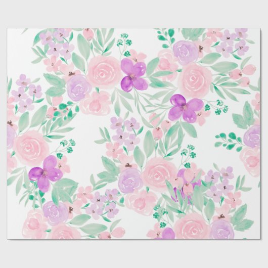 Modern girly roze paarse bloemenpatroon waterverf cadeaupapier (Vlak)