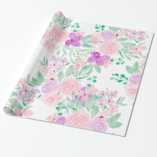 Modern girly roze paarse bloemenpatroon waterverf cadeaupapier