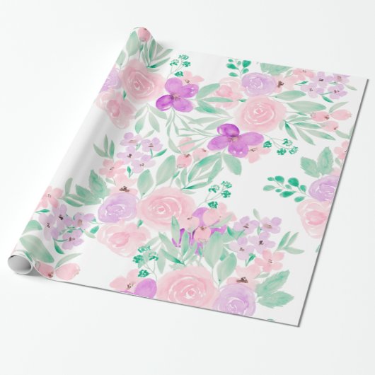 Modern girly roze paarse bloemenpatroon waterverf cadeaupapier (Uitgerold)