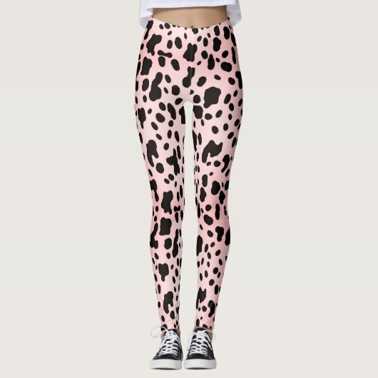 Modern Girly Roze Zwarte Koe Dierenprint Boerderij Leggings (Voorkant)