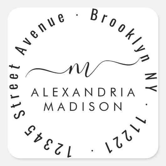 Modern Girly Script Monogram Initiaal Adres Vierkante Sticker (Voorkant)