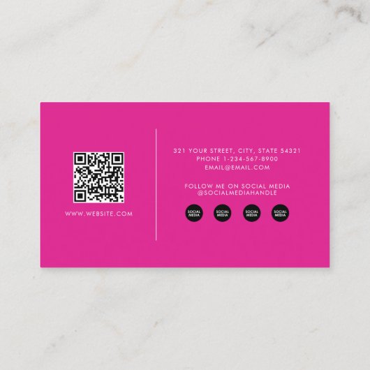 Modern Girly Script QR Code Social Media Roze Visitekaartje (Achterkant)