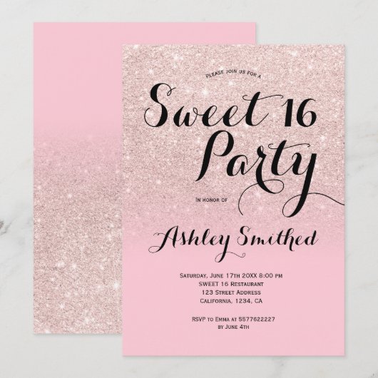 Modern girly snoep roze glitter ombre Sweet 16 Kaart (Voorkant / Achterkant)
