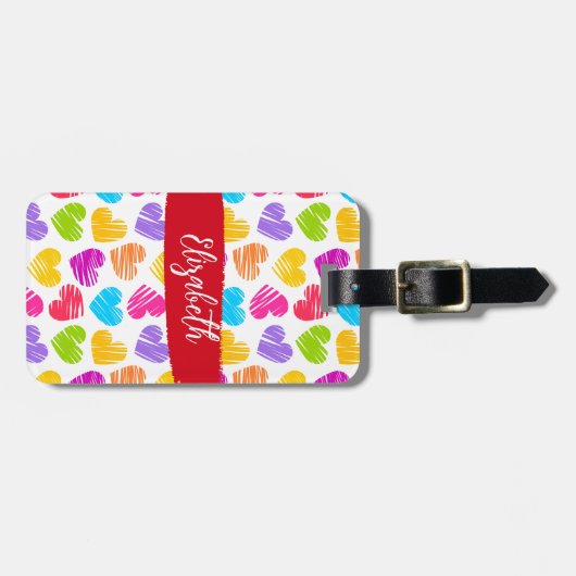 Modern Girly Vibrant Doodled Hearts Patroon Naam Bagagelabel (Voorkant horizontaal)