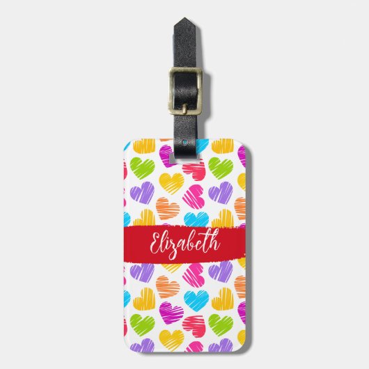 Modern Girly Vibrant Doodled Hearts Patroon Naam Bagagelabel (Voorkant verticaal)