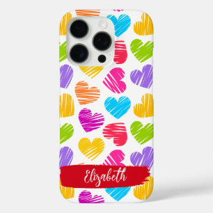 Modern Girly Vibrant Doodled Hearts Patroon Naam iPhone 16 Pro Hoesje
