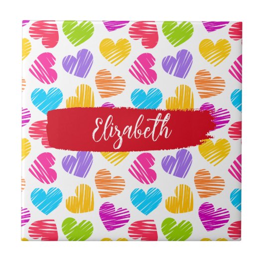 Modern Girly Vibrant Doodled Hearts Patroon Naam Tegeltje (Voorkant)