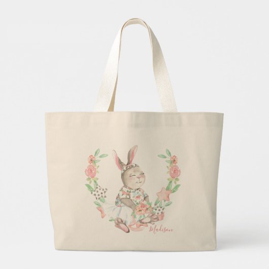 Modern Girly Waterverf Floral Bunny Rabbit Grote Tote Bag (Achterkant)