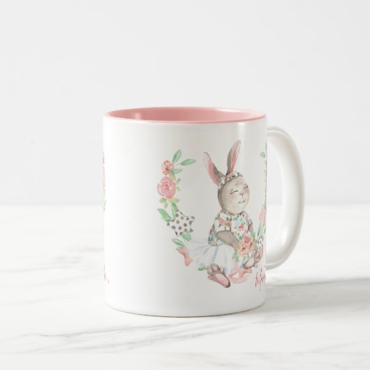 Modern Girly Waterverf Floral Bunny Rabbit Tweekleurige Koffiemok (Voorkant rechts)