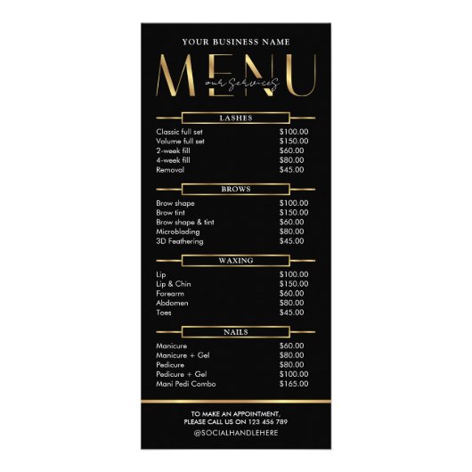 Modern Glam Black Gold Spa Beauty Salon Price List Reclamekaart (Voorkant)