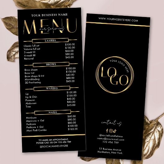 Modern Glam Black Gold Spa Beauty Salon Price List Reclamekaart