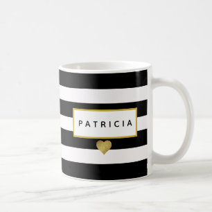 Modern Glam Black Stripes Metallic Goud Hart Koffiemok