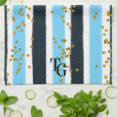Modern Glam Blue Stripe Gold Glitter Monogram Theedoek (Gevouwen)