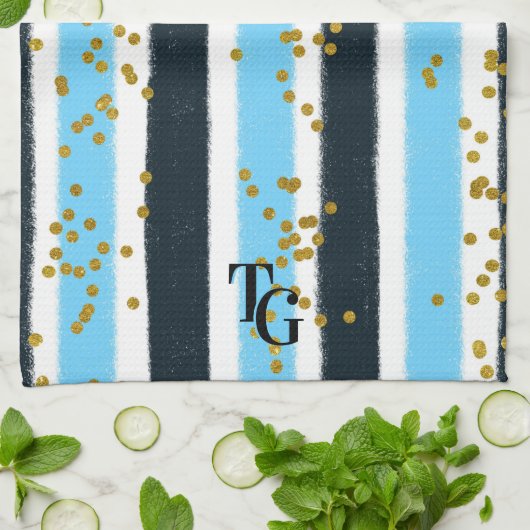 Modern Glam Blue Stripe Gold Glitter Monogram Theedoek (Gevouwen)