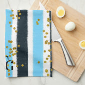 Modern Glam Blue Stripe Gold Glitter Monogram Theedoek (Quarter Fold)