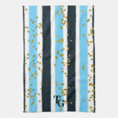 Modern Glam Blue Stripe Gold Glitter Monogram Theedoek (Verticaal)