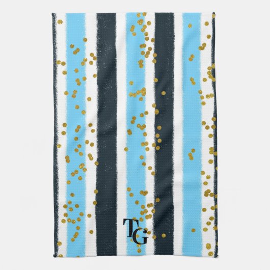 Modern Glam Blue Stripe Gold Glitter Monogram Theedoek (Verticaal)