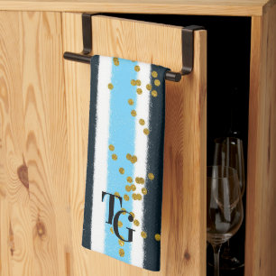 Modern Glam Blue Stripe Gold Glitter Monogram Theedoek