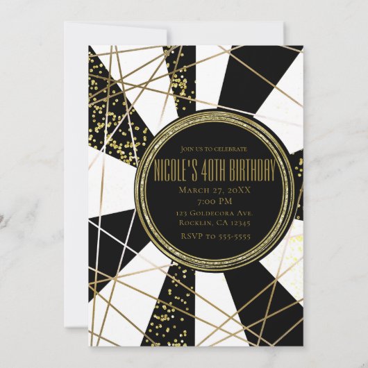 Modern Glam Deco Zwart Wit Goud Verjaardagsfeest Kaart (Achterkant)