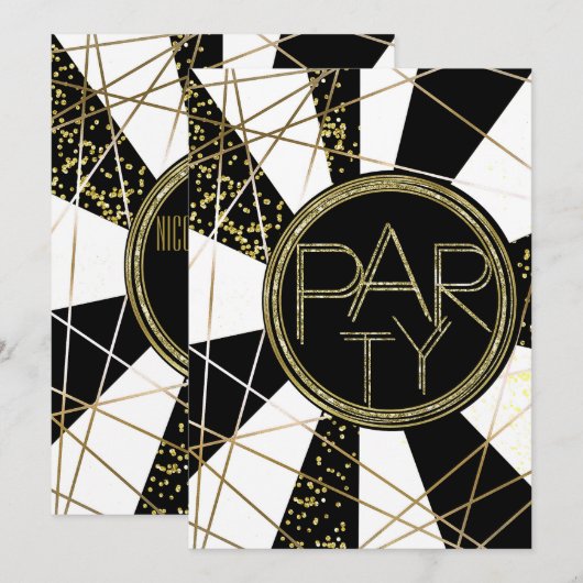 Modern Glam Deco Zwart Wit Goud Verjaardagsfeest Kaart (Voorkant / Achterkant)