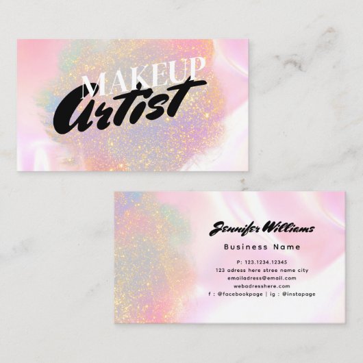Modern Glam Glitter Makeup Artist Holographic Busi Visitekaartje (Voorkant / Achterkant)