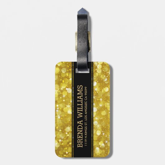 Modern Glam Gold Bokeh Glitter Zwart Accent Bagagelabel (Achterkant verticaal)