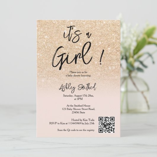 Modern Glam Gold Glitter Roze Ombre Meisje Baby Sh Kaart (Staand voorkant)
