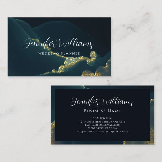 Modern Glam Gold Glitter Wedding Planner Green Visitekaartje (Voorkant / Achterkant)