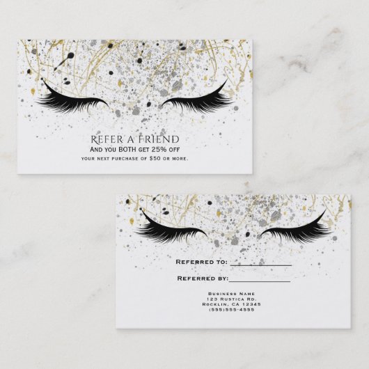 Modern Glam Gold Silver Black Lashes Verwijs vrien Aanbevelingskaartje (Voorkant / Achterkant)