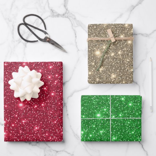 Modern Glam Lux Goud Rood Groen Sparkling Glitter Inpakpapier Vel (Voorkant)