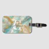 Modern Glam Luxe Aquamarijn Marmeren Gouden Glitte Bagagelabel (Voorkant (horizontaal))
