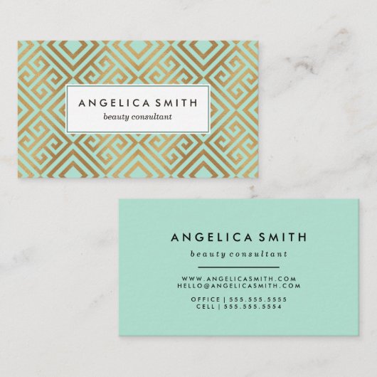Modern Glam Mint Goud Geometrisch Grieks sleutelpa Visitekaartje (Voorkant / Achterkant)