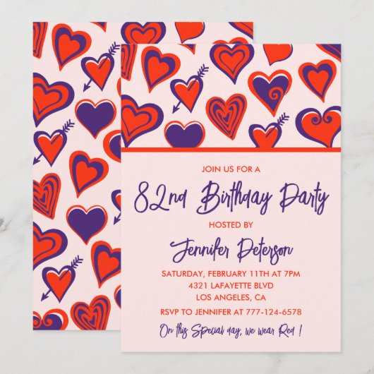 Modern Glam Red Paarse Harten 82ste verjaardag Kaart (Voorkant / Achterkant)