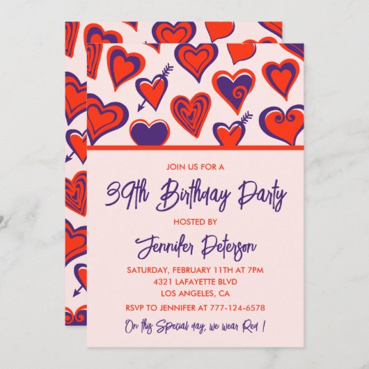 Modern Glam Red Pink Heart 39e verjaardag Kaart (Voorkant / Achterkant)