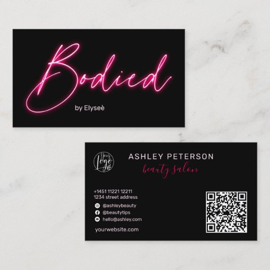 Modern glam roze neon body script logo qr code visitekaartje (Voorkant / Achterkant)