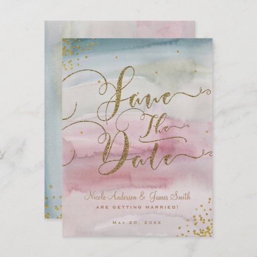Modern Glam Waterverf Gold Save the Date Aankondigingskaart (Voorkant / Achterkant)
