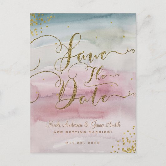 Modern Glam Waterverf Gold Save the Date Aankondigingskaart (Voorkant)