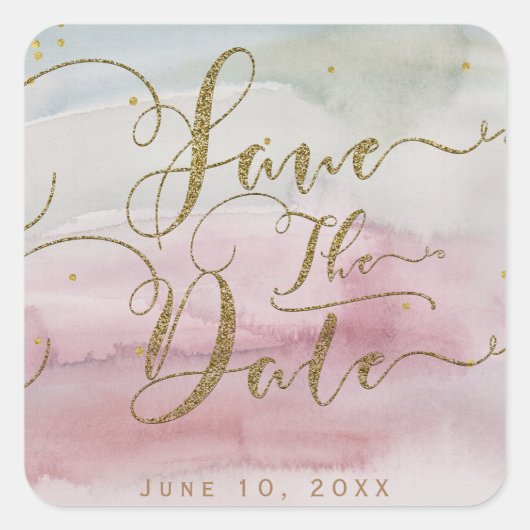Modern Glam Waterverf Gold Save the Date Wedding Vierkante Sticker (Voorkant)