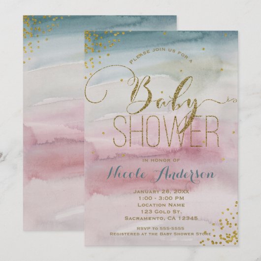 Modern Glam Waterverf Goud Confetti BABY SHOWER Kaart (Voorkant / Achterkant)