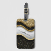 Modern Glam Zwart Wit Goud Glitter Naam Bagagelabel (Voorkant (verticaal))