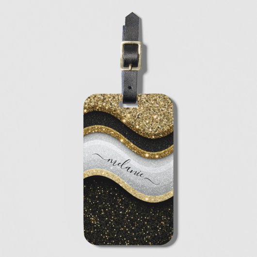 Modern Glam Zwart Wit Goud Glitter Naam Bagagelabel (Voorkant (verticaal))