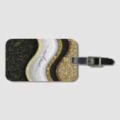 Modern Glam Zwart Wit Goud Glitter Naam Bagagelabel (Voorkant (horizontaal))