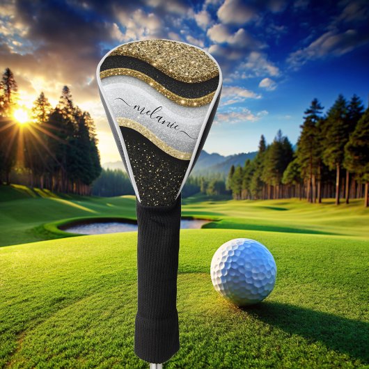 Modern Glam Zwart Wit Goud Glitter Naam Golfheadcover