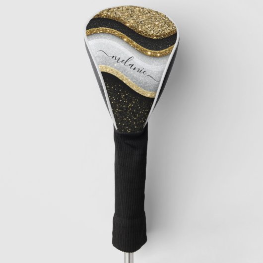 Modern Glam Zwart Wit Goud Glitter Naam Golfheadcover (Voorkant)