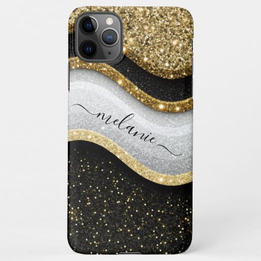 Modern Glam Zwart Wit Goud Glitter Naam iPhone Hoesje (Achterkant)