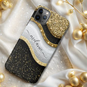 Modern Glam Zwart Wit Goud Glitter Naam iPhone Hoesje