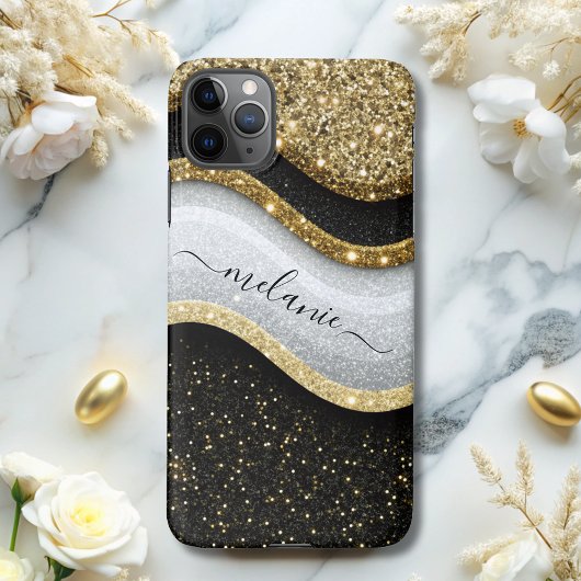 Modern Glam Zwart Wit Goud Glitter Naam iPhone Hoesje