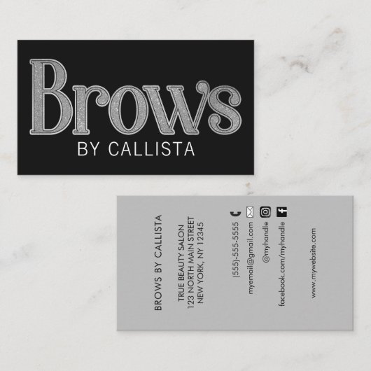 Modern Glam Zwart Zilver Glitter Brows Visitekaartje (Voorkant / Achterkant)