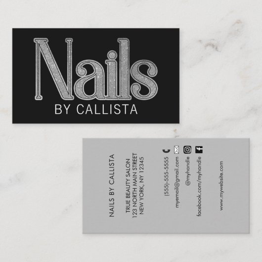 Modern Glam Zwart Zilveren Glitter Nagels Visitekaartje (Voorkant / Achterkant)